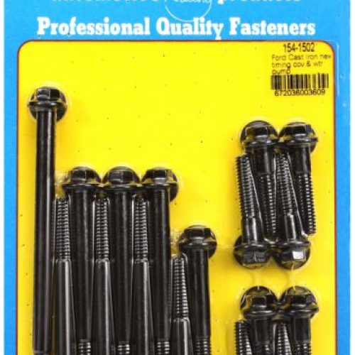 SB FORD 289 302W IRON TIMING COVER W/PUMP BOLT KIT BLK HEX