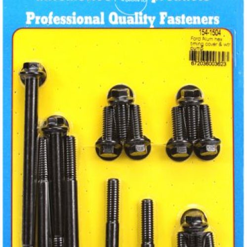 SB FORD 289 302W ALUM. TIMING COVER W/PUMP BOLT KIT BLK HEX