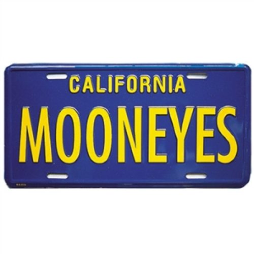 MOONEYES METAL LICENSE PLATE BLUE WITH YELLOW WRITING