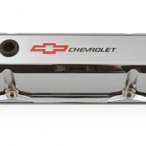 CAST VALVE COVERS, SBC TALL CHROME WITH RED & BLACK EMBLEM