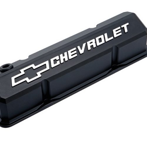 SLANT EDGE VALVE COVERS, SBC BLACK CRINKLE, MILLED EMBLEM