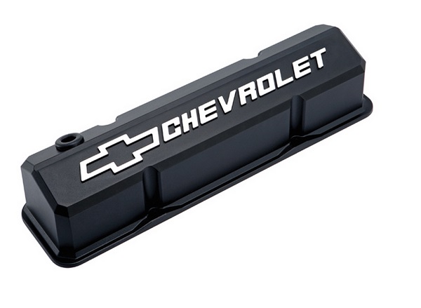 SLANT EDGE VALVE COVERS, SBC BLACK CRINKLE, MILLED EMBLEM