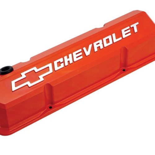 SLANT EDGE VALVE COVERS, SBC CHEVY ORANGE, MILLED EMBLEM
