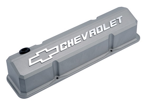 SLANT EDGE VALVE COVERS, SBC GREY WITH RAISED MILLED EMBLEM