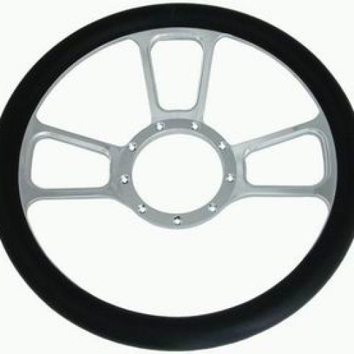 CHROME ALUMINIUM STEERINGWHEEL14″ LEATHER GRIP T-STYLE