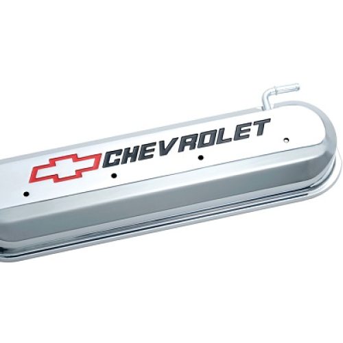 SLANT EDGE VALVE COVERS, LS CHROME, RED & BLACK EMBLEM