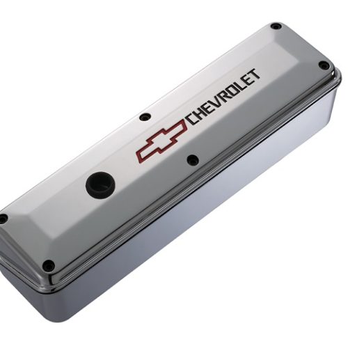 2-PIECE VALVE COVERS, SBC TALLPOLISHED, RED & BLACK EMBLEM