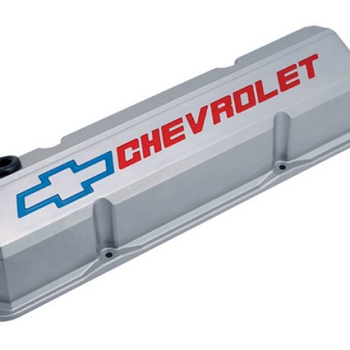 SLANT EDGE VALVE COVERS, SBC GREY WITH RED & BLUE EMBLEM