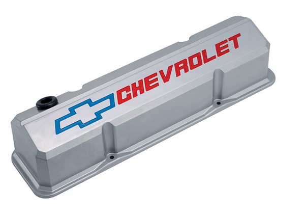 SLANT EDGE VALVE COVERS, SBC GREY WITH RED & BLUE EMBLEM