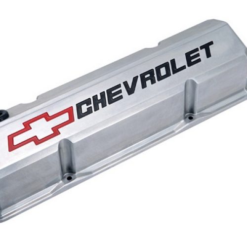 SLANT EDGE VALVE COVERS, SBC POLISHED, RED & BLACK EMBLEM