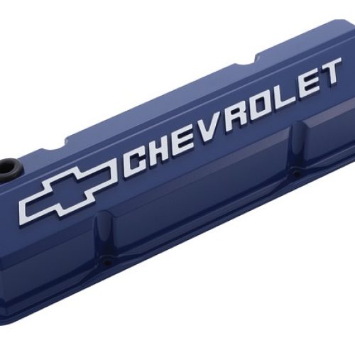SLANT EDGE VALVE COVERS, SBC BLUE, RAISED & MILLED EMBLEM
