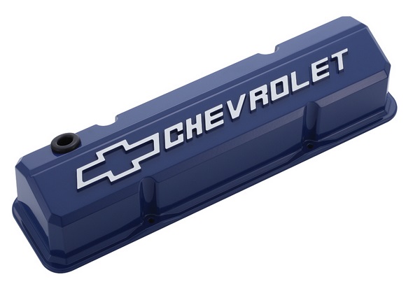 SLANT EDGE VALVE COVERS, SBC BLUE, RAISED & MILLED EMBLEM