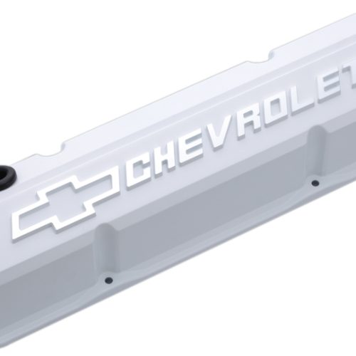 SLANT EDGE VALVE COVERS, SBC WHITE, RAISED & MILLED EMBLEM