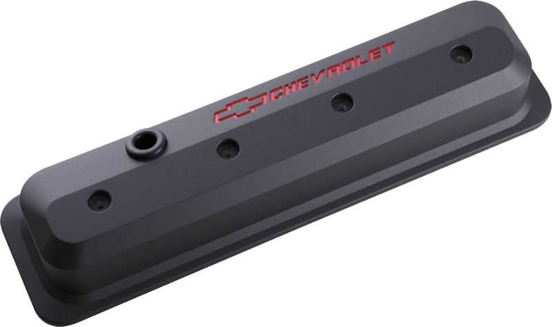 SLANT EDGE VALVE COVERS, SBC CENTRE BOLT, BLACK, RED EMBLEM