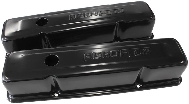 STEEL VALVE COVERS, SBC TALL BLACK WITH AEROFLOW LOGO - Image 2