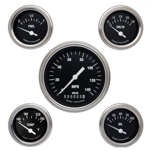 CLASSIC BLK HOTROD 5 GAUGE SET3-3/8 KM/H SPEEDO CURVED GLASS