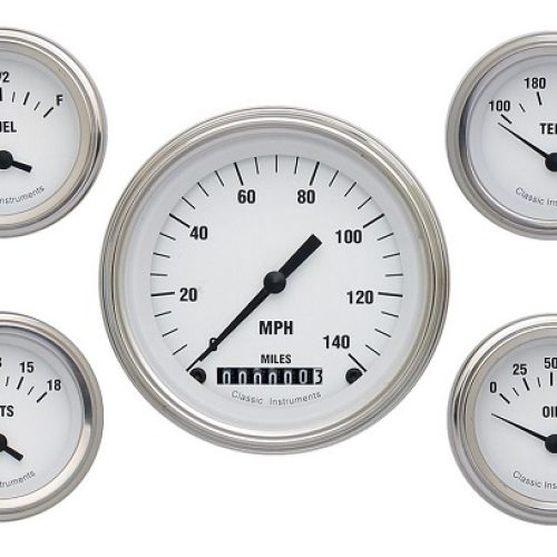 CLASSIC WHITE HOT 5 GAUGE SET 3-3/8 KM/H SPEEDO CURVED GLASS