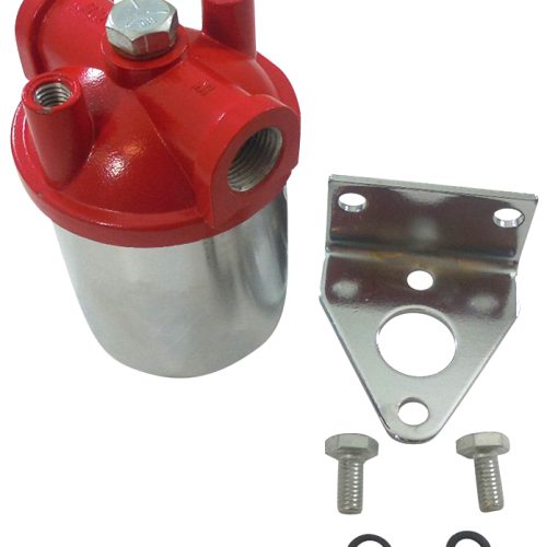 SMALL CHROME & RED CANISTER   FUEL FILTER. 3/8″ IN/OUT 90GPH