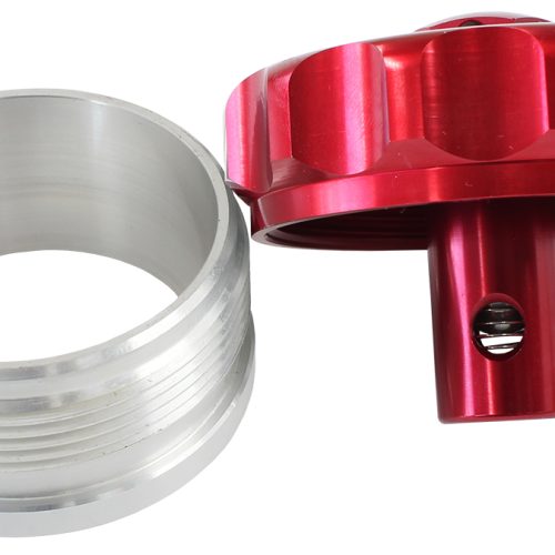 2″ ALUM WELD BUNG AND CAP RED WITH ROLL OVER VALVE