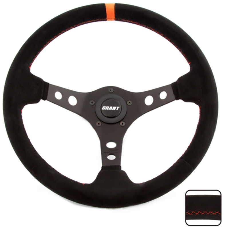 GRANT PERF RACE 13.75" WHEEL 3SPOKE BLK SUEDE,ORANGE STRIPE