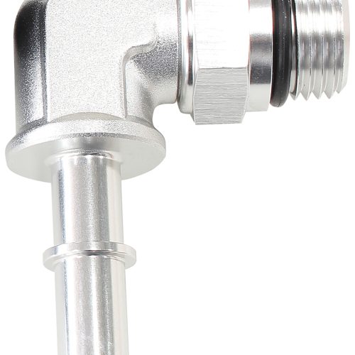 EFI FUEL FITTING 90 DEG 3/8   PUSH ON BARB TO -8ORB SILVER