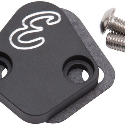 FUEL PUMP BLOCK OFF PLATE, BBCBLACK ANODIZED WITH “E” LOGO