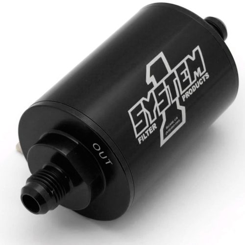 BLACK SHORT INLINE BILLET FUELFILTR -8AN END 4″ L 2″D 35 MIC