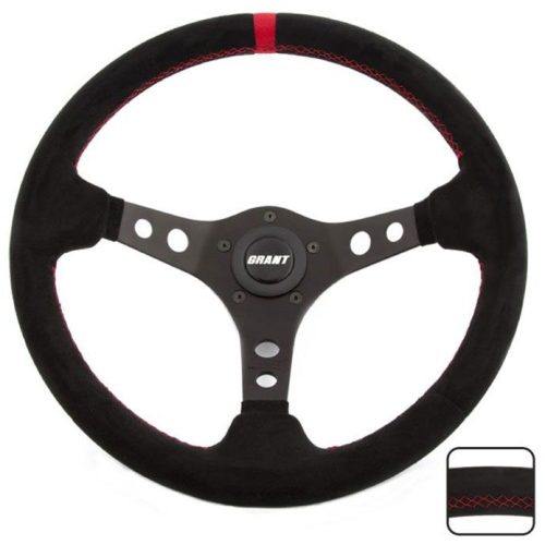 GRANT PERF RACE 13.75″ WHEEL 3SPOKE BLACK SUEDE, RED STRIPE