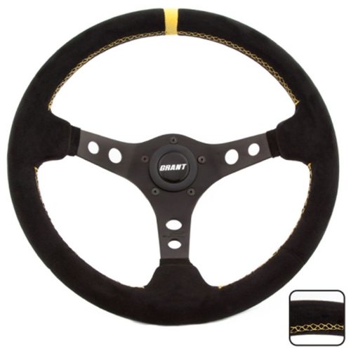 GRANT PERF RACE 13.75″ WHEEL 3SPOKE BLK SUEDE,YELLOW STRIPE