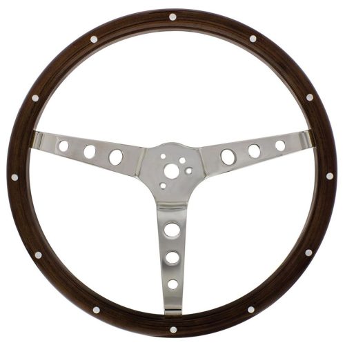15″ WOODGRAIN STEERING WHEEL  3 BOLT 4″ DISH  304 S/S SPOKES