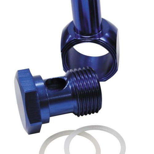 EDELBROCK CARB INLET BANJO    BLUE 5/8-20 TO MALE 3/8 BARB