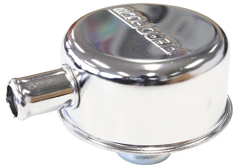 Chrome valve cover breather Push in with 5/8" spout w/logo
