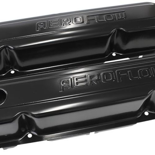 STEEL VALVE COVERS, CHRYSLER SB, BLACK WITH AEROFLOW LOGO