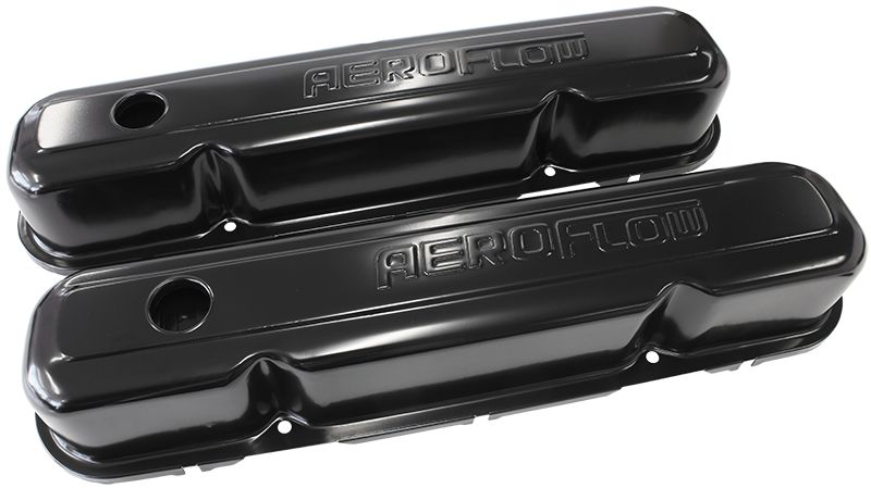STEEL VALVE COVERS, CHRYSLER SB, BLACK WITH AEROFLOW LOGO