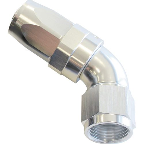 150 Series Taper One-Piece Full Flow Swivel 60° Hose End -6AN Silver Finish. Suit 100 & 450 Series Hose