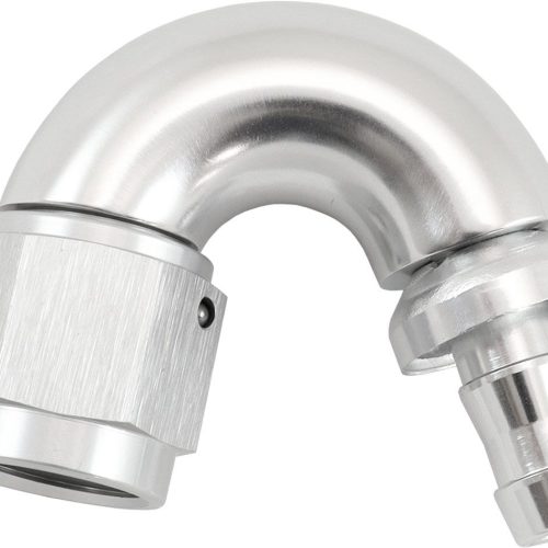 -6AN TO 5/16″ BARB 150 DEGREE FULL FLOW PUSH LOCK SILVER