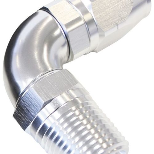 90° Male NPT Full Flow Swivel Hose End 1/2″ to -8AN Silver Finish. Suits 100 & 450 Series Hose