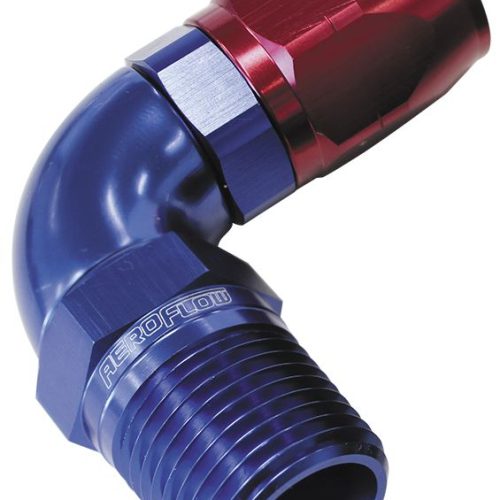 90° Male NPT Full Flow Swivel Hose End 1/2″ to -12AN Blue/Red Finish. Suits 100 & 450 Series Hose