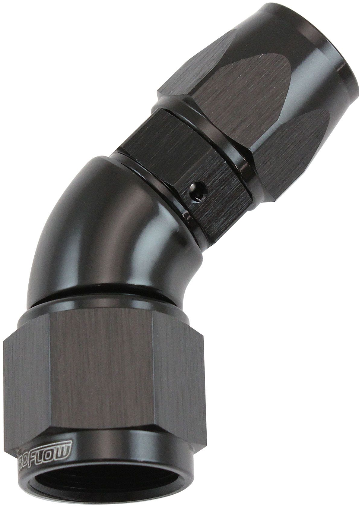 STEPPED 45 DEGREE END -6 HOSE TO -8AN REDUCER HOSE END BLACK