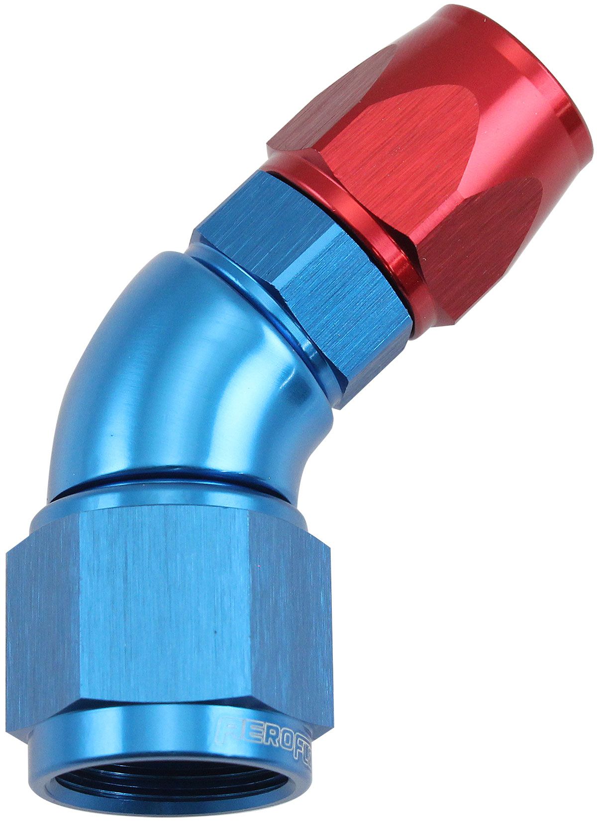 STEPPED 45 DEGREE END -6 HOSE TO -8AN REDUCER HOSE END BLUE