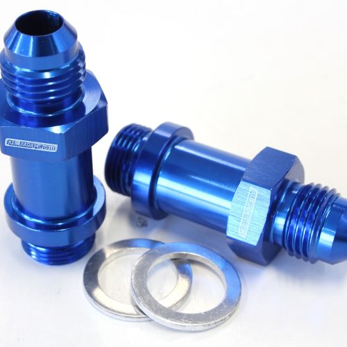 BG / DEMON INLET FITTING -6AN BLUE 9/16″ X 24 TO -6AN LONG