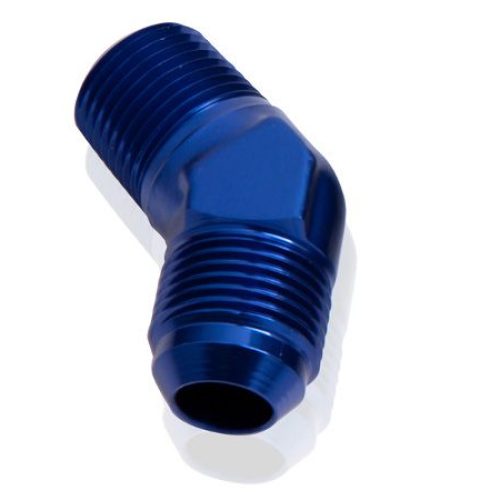 MALE 45 DEG 1/4″ NPT TO -8AN  BLUE MALE NPT TO AN 45 DEG
