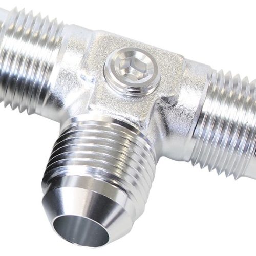 MALE FLARE TEE -8AN WITH 1/8″ PORT SILVER ALL SIDES MALE AN