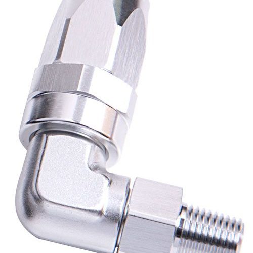 Male NPT Taper Swivel 90° Hose End 1/4″ to -6AN Silver Finish. Suit 100 & 450 Series Hose