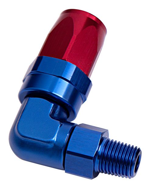 <strong>Male NPT Taper Swivel 90° Hose End 3/4" to -12AN</strong> Blue/Red Finish. Suit 100 & 450 Series Hose