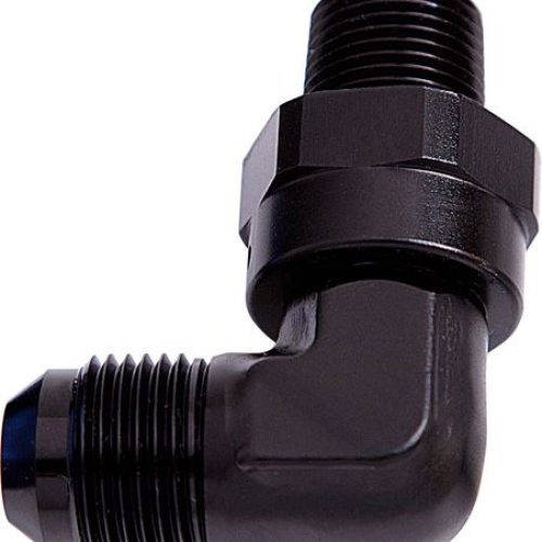 90 DEG 1/4″ NPT TO -6AN       BLACK MALE SWIVEL THREAD
