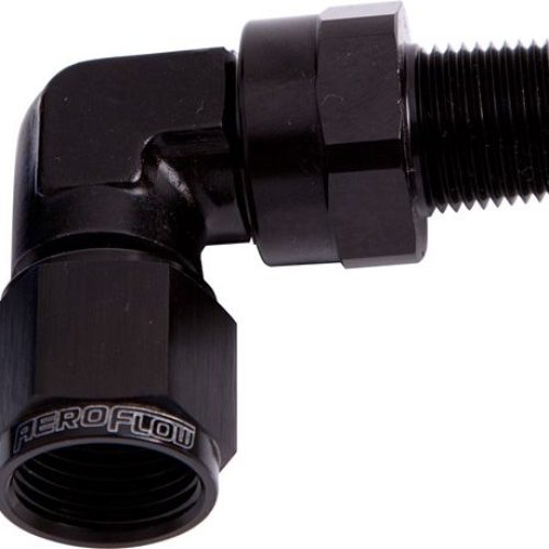 90 DEG 3/8″ NPT TO -8AN       BLACK FEMALE SWIVEL NUT